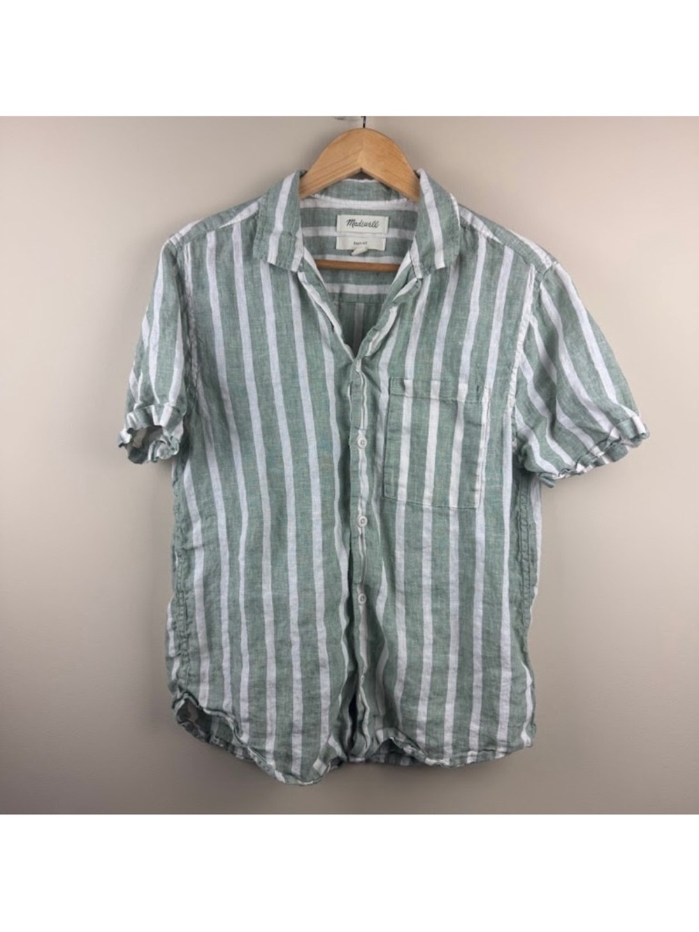 Madewell Men's Sage Green and White Vertical Stripe Linen Shirt